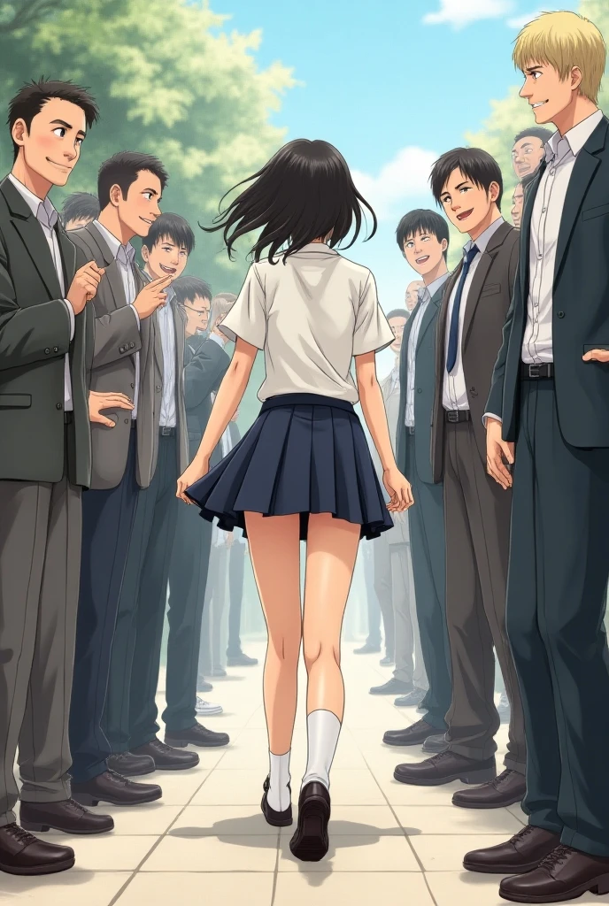 Walking nudist girl with glasses、A lot of naked elementary school boys who are close friends meet、surround each other'face、group photo、dynamic angle、tourist destination、face to face、to close range