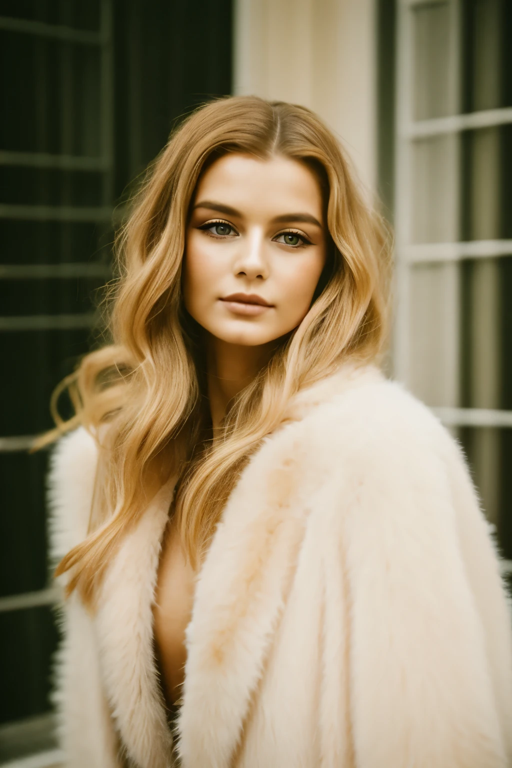 very beautiful dreamy girl, supermodel face, 1922 makeup, 1922 french fashion, 1922 blowout hairstyle, Streaked Hair, Gradient Hair, Wavy blonde Hair, Film Grain, Bloom, Blurry, mansion background, glamour fur coat