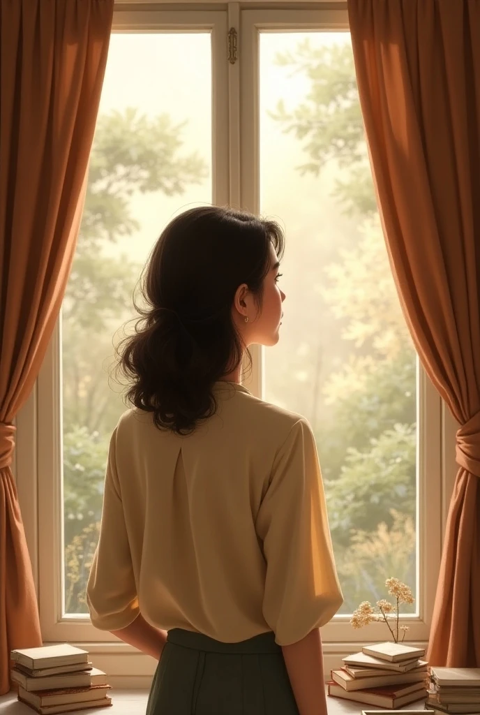 ((full body view))a woman in a white dress looking out the window at the trees outside, looking out the window, near the window, 창look out, look out the open window, standing near the window, look out, looking out the window, 창look out, near the window, looking out the window, female, Inspired by Nan Goldin, next to the window