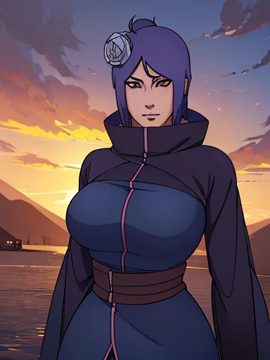 (((solo,1woman, mature, alone))), Kakuyoku Fubuki, ((pink hair, twintails, glowing green eyes, wide eyes, lipstick, makeup, narrow waist, skinny, medium breasts, grey hat)), pelvic curtain, ((black bikini)), full body, perfect body, (insanely detailed, beautiful detailed face, masterpiece, best quality), (extremely detailed 8k paper CG wall unit: 1.1), (konohavillage, konoha gate walls, river, lake, tree, mountain, flower, at dawn, zebra cross, cloudy sky, cloud, dusk), (smile face for the viewer), cameltoe view, cameltoe, View from above, Diagonal view