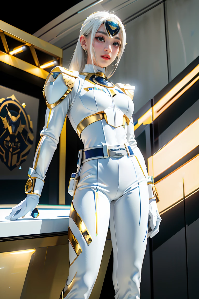 1girl, full body, Illustration, cinematic light, high resolution, best quality, ultra-detailed, masterpiece, power suit, powerranger, suit, spd, (Silver and Gold chest plate), white and gold detail, (((white suit))), ((police theme:1.2))
