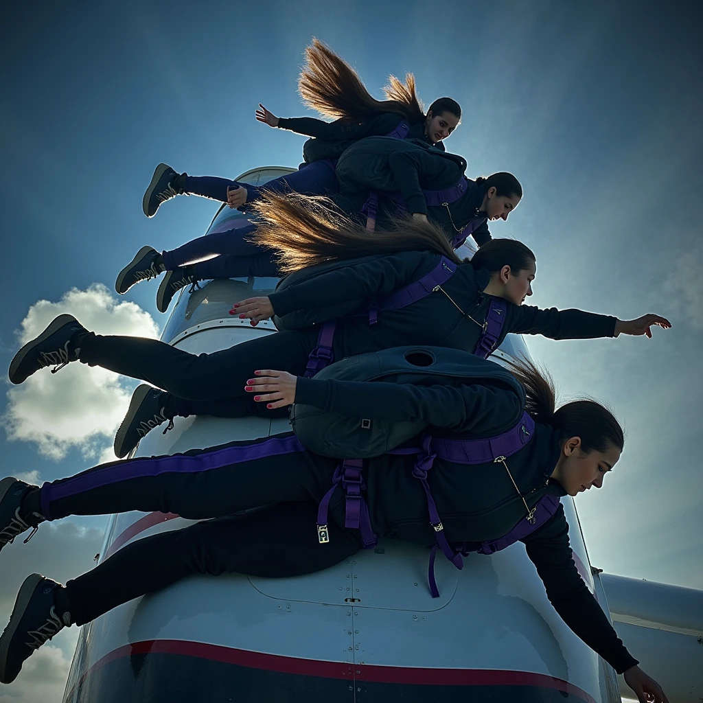 4K image of  old girls wearing black hoodies and black sweatpants (with purple stripes on both sides) having long black hair,wearing a black backpack,is doing a free fall from a plane in a downward gliding position with your hands pointing behind you and your legs straightened (body position facing sideways and looking straight ahead) (body position is gliding in the air)[with a straight body position and hands pointing backwards] skating on the trail over 1000km