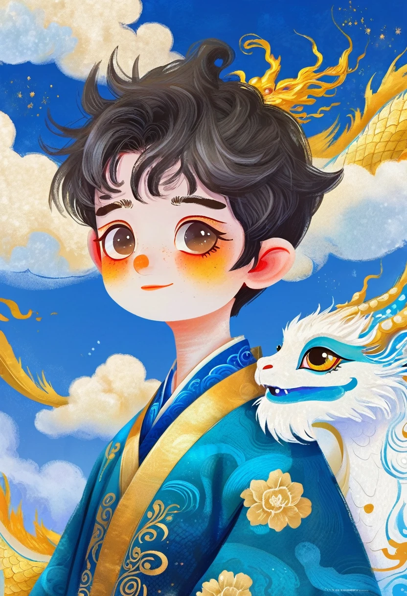 Hand-drawn style：粗糙的Texture，1 cute cartoon boy，Fluffy short hair，Big eyes。，Hanfu，cloud，dragon，Beautiful details，Texture，Blue and Gold