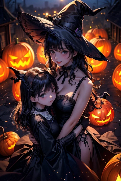 NSFW, ((masterpiece, best quality, extremely detailed, absurdres)),Please draw a realistic, high-definition animated illustration. The theme is Halloween, and the main character is a cute girl wearing a pumpkin on her head. She is dressed in her underwear, but her face is well hidden by the pumpkin mask and she is shyly posing in a cute pose. The background depicts cute monsters such as ghosts, bats, and jolly skeletons enjoying the Halloween festivities with snack candy. Decorated with lanterns, spider webs, and Halloween decorations, the background has a bright and lively atmosphere. The style has a dramatic touch, with deep shadows and a storybook feel, yet still retaining elements of animation. --sexy, --erotic, --adult, --underwear, --pumpkin head, --snack candy
