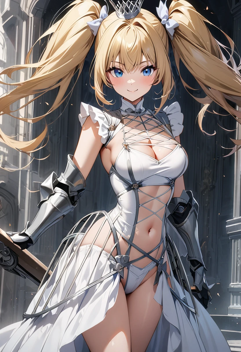 (masterpiece),(best quality),(ultra-detailed),(best illustration),(best shadow),(absurdres),(detailed background),(very aesthetic), 1girl, solo, ((blonde-hair)), armor, blue-eyes, navel, full-body, boots, panties, high-heels, underwear, gloves, breasts, looking-at-viewer, high-heel-boots, black-gloves, black-panties, armored-boots, standing, bare-shoulders, hair-ornament, simple-background, midriff, very-long-hair, skirt, showgirl-skirt, greaves, collarbone, cleavage, gauntlets, one-side-up, bikini-armor, shoulder-armor, smile, pauldrons, medium-breasts, breastplate, hand-on-own-hip, hair-ribbon, ribbon, floating-hair, white-skirt, closed-mouth, armpits, waist-cape, armored-dress, elbow-gloves, knee-boots