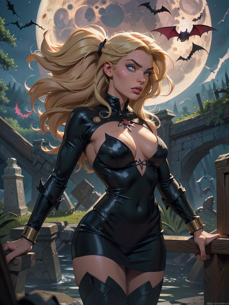 beautiful perfect shape young girl, Long curly blonde hair, blue eyes, red lips, erfect eyes, perfect hands, perfect body, perfect hair, perfect breast, Black leather long pants, Black boots, night, moonlight, high definition, Ultra-spicy, 8K, masterpiece, onlooker, full frame photo, great scene, epic scenes, luna, fire, warrior, mountains, hero