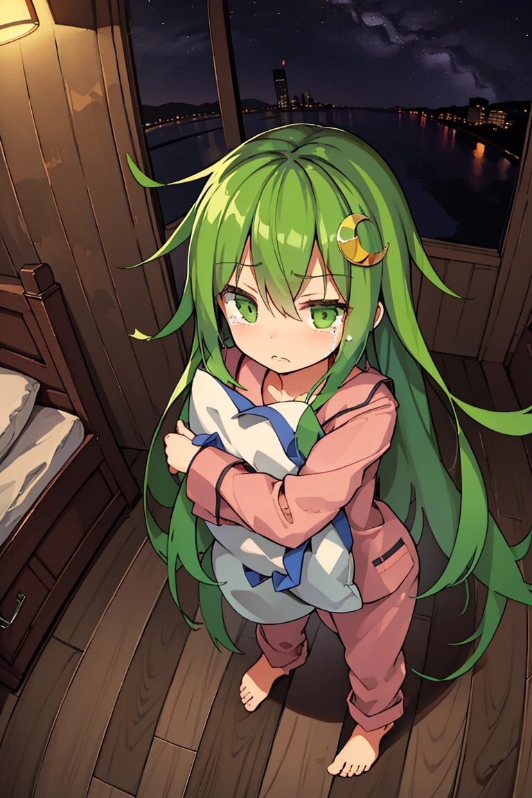 Portrait, official art, best masterpiece, best quality, best resolution, 8K, best detailed, perfect anatomy, From above
BREAK
sfw, standing, (hugging a pillow:1.3), Looking up
BREAK
green hair, long hair, green eyes, hair ornament , (crescent moon hair piece), pajamas, (flat chest, _like build, short stature:1.2), 1small girl, solo
BREAK
serious face, bashful, (tears), close your mouth
BREAK
bedroom, (night, midnight, darkness:1.3), very fine and detailed 16KCG wallpapers