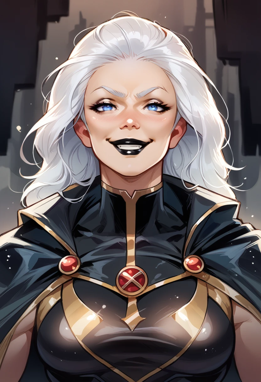  A villain who stole the body of a heroine and now takes advantage of her new body , This heroine the storm  ,  She wears a black costume with gold edges and is sitting cross-legged wearing a black cape. ,  smiling with her hands on her face white hair blue eyes wearing black lipstick   ,  the villain is pleased to have obtained her new body  ,  Great to wear black lipstick Marvel comics  