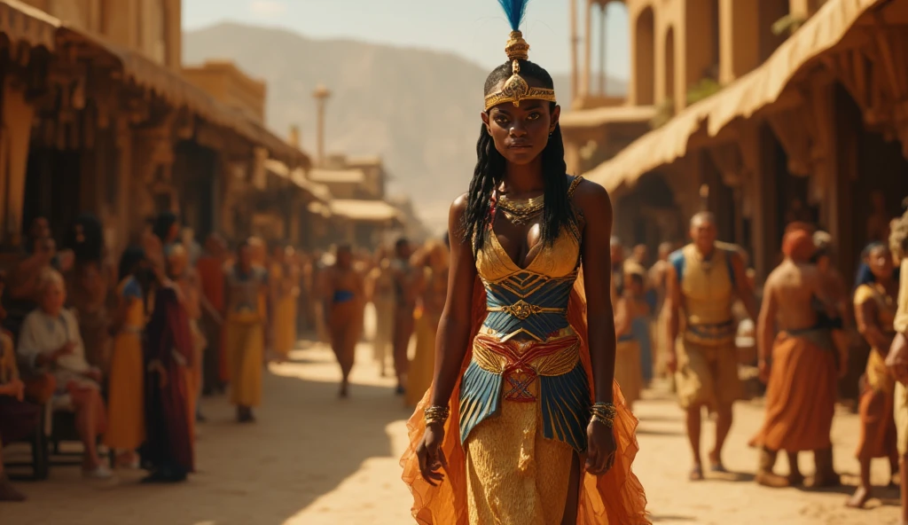 Cinematic film still of Photorealism:1. Long time ago in ancient Egypt, Hatshepsut, in her adult form (around 35 years), walking through the bustling streets of Thebes. The scene captures her majesty and the respect of the citizens. The atmosphere is vibrant and alive, with market stalls and people in traditional attire. Ancient style, historical style, movie themed, sharp, detailed, epic cinematic photography, dramatic cinematic light, cinematic color style, Kodak motion picture film style, cinematography style, Egyptian mythology style, outdoors, shallow depth of field, highly detailed, UHD, 4K, ultra detailed.