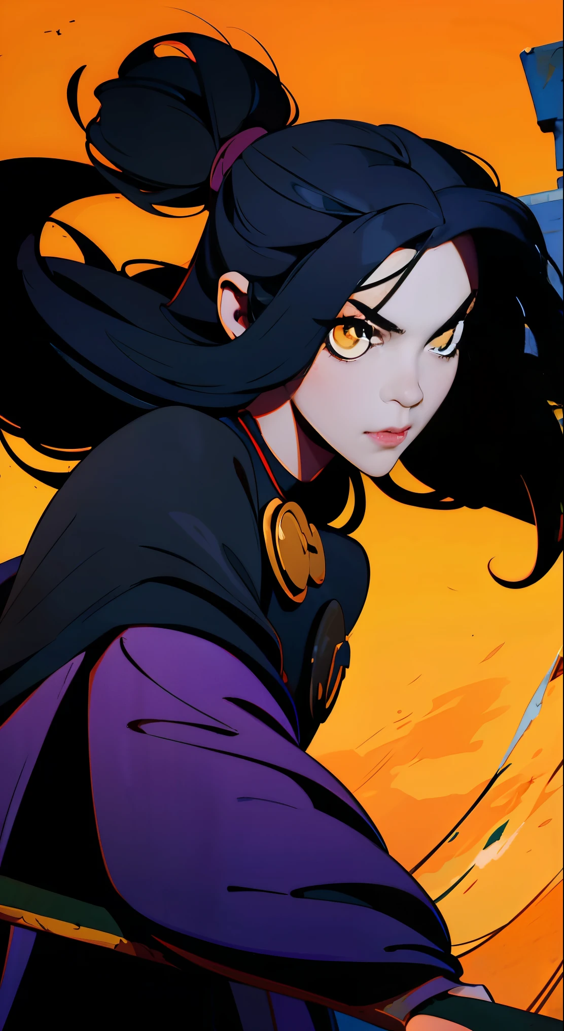 Cute witch girl , yellow eyes, long black hair, in dark purple witch outfit , holding a Halloweenn-themed broom
