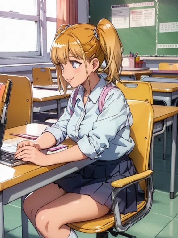 ((masterpiece)), (( best quality )), (Detailed eyes, detailed panties ),  (8k),  1 girl, High school girl、 pleated skirt 、Bouncing Boobs、 panties with M-shaped legs、 sit on a chair、 loose socks、 Blonde Twin Tails 、School、smile、