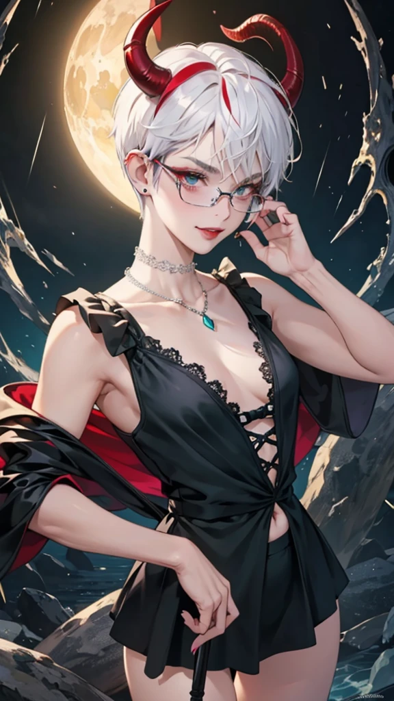 8k, masterpiece, best quality, highly detailed, 1 girl, tiefling, warlock, multicolored hair, very short straight hair green highlight hair on white hair, strippled hair, wearing glasses, round glasses, earrings, navel piercing, night gown, red eyeshadow, long eyelashes, blushed cheek, red lips, necklace, rings, collarbone, mole, glamorous, teal clothing, purple clothes, smirk, close up view, rings, looking at viewer, demon horns, solo, nightmarish landscape, blue pale moon, sitting, holding devil books