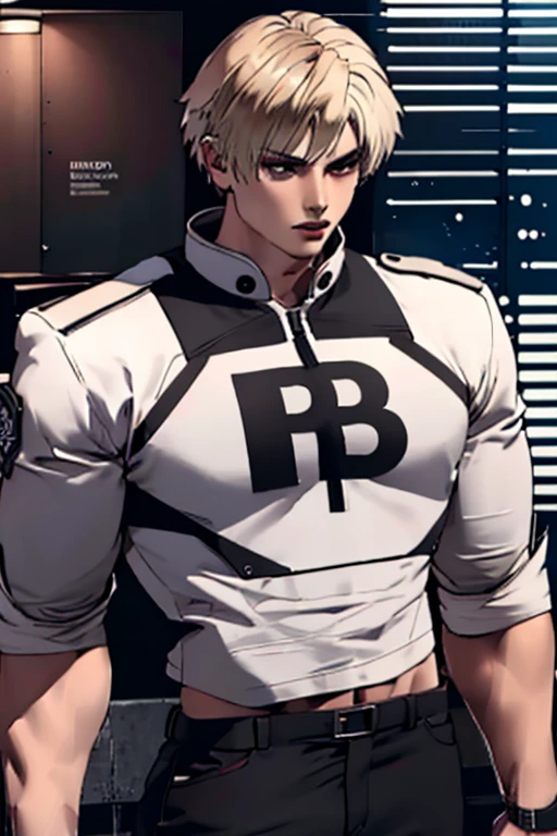 (  very detailed CG), (  best quality ), (  very detailed CG), (  best quality ), (Rock Howard), (Overall view) SWAT Clothing, Beautiful and attractive young man,  toned muscles, Large breasts,