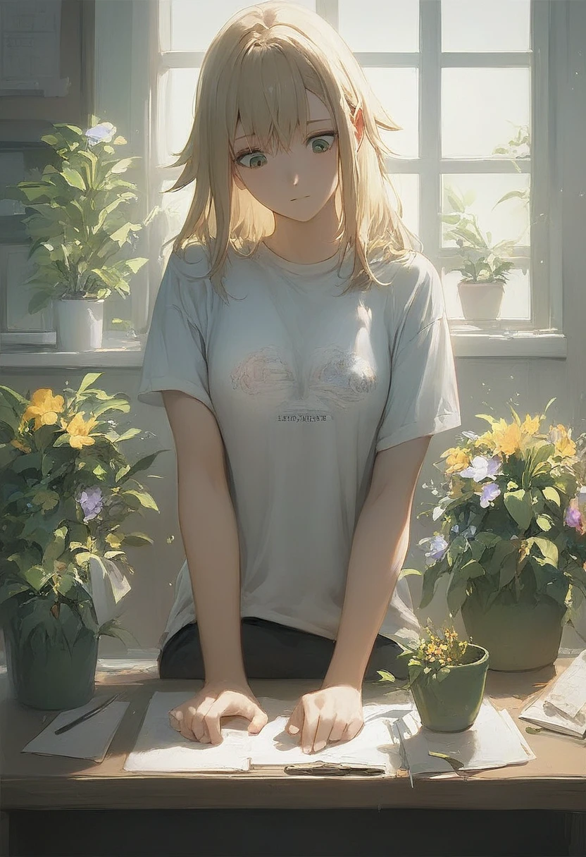 (masterpiece) (ultra_detailed) (best quality) shinomiya kikoru , wearing t-shirt , doing homework at a desk , room sitting on a chair , small a plant in a flower pot in the background , beautiful , 1 girl , medium shot to close shot , hair down , from top looking down