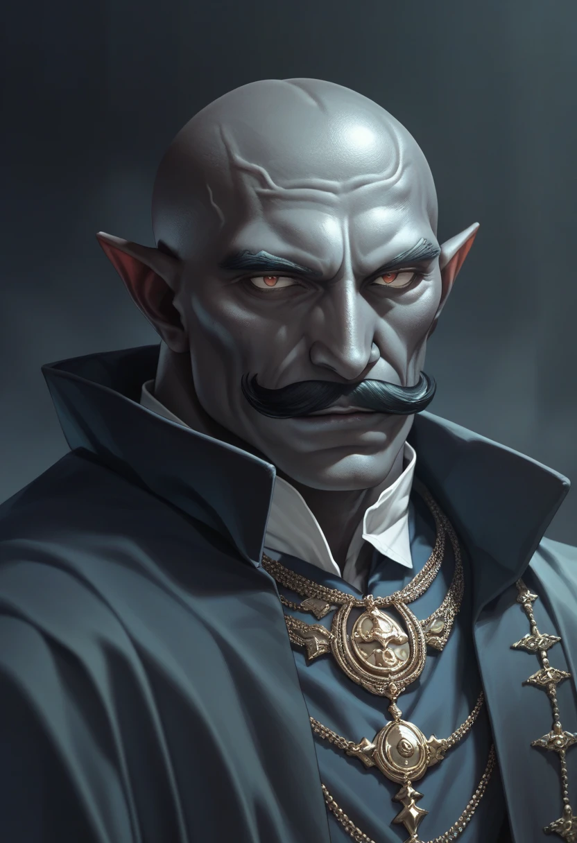 A good looking rakshasa of Indian mythology dark blue skin pointy ear bald head black moustache muscular black eyebrows body dark background