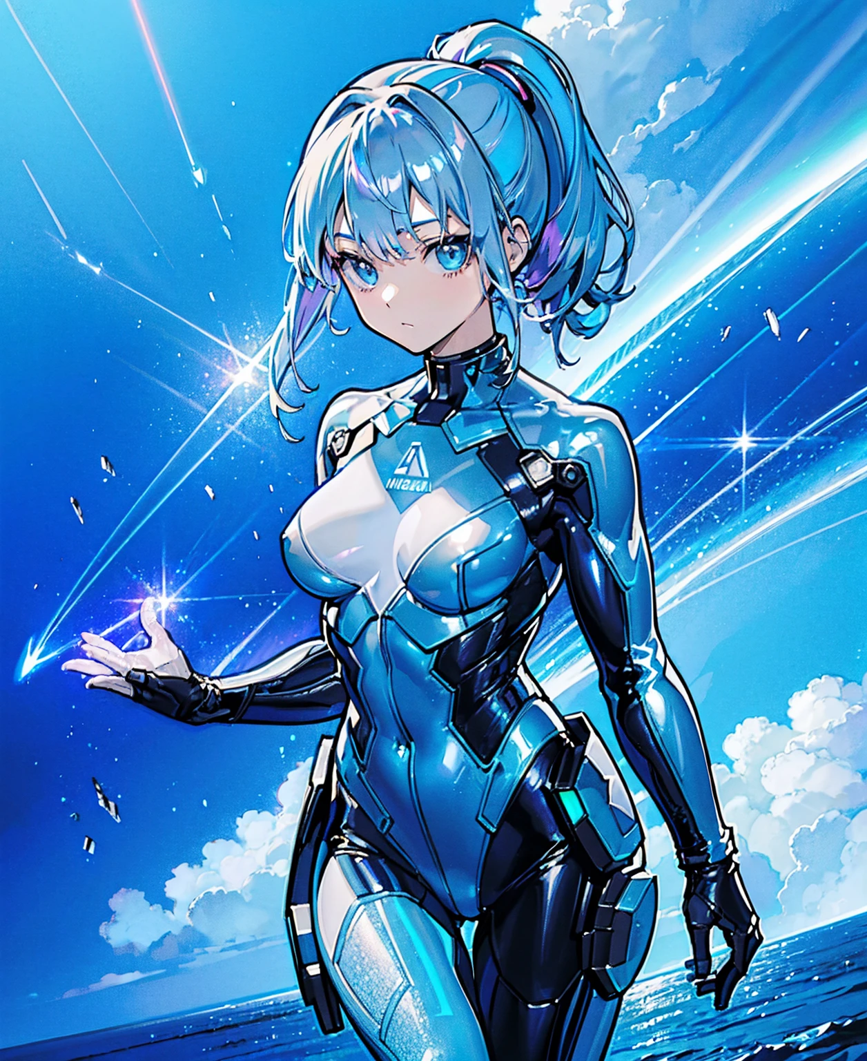 ((Holographic glow effect))、Blue Hair、Masterpiece、 Best Quality、1 person、Medium breast、(( album cover ))、 light on face、 slim body、Blue Costume、Exoskeleton、Metal Gear、 cyberpunk style、 ponytail、Gundam Pilot、attention arousal，Ride a fighter jet 