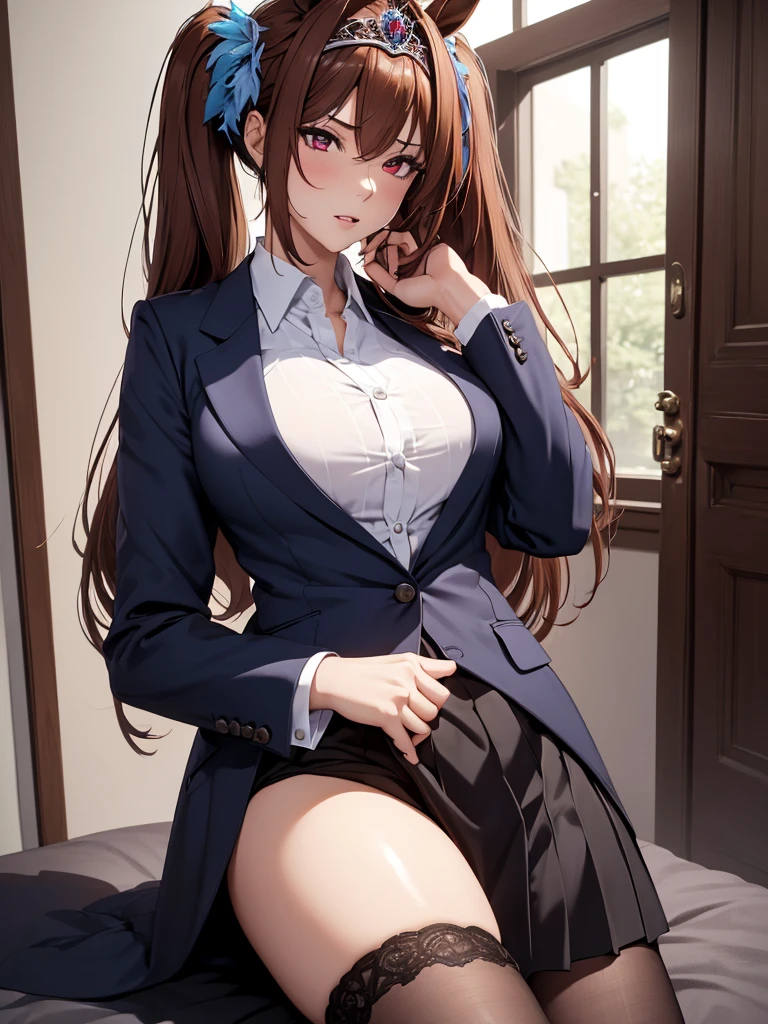 (​masterpiece、top-quality、hight resolution、Unity 8k、extremely details CG:1,Best Picture), ((Woman wearing suit, shirt and skirt.)),((Erotic model, Masturbation material)), large breasts, Daiwa Scarlet (Uma Musume), (((tiara))), brown hair, hair intake, long hair, twintails, (horse ears, horse girl, red eyes), A woman is performing an erotic sexual act. She is wearing a suit, shirt and skirt and is in the middle of a sexual act. The woman is clearly performing a sexual act. Her expression is playful yet deeply seductive, with a gaze that seduces and draws the viewer in. She is panting and trembling with pleasure. The background is simple and designed to invite sexual arousal, focusing only on her and her sensual expression.