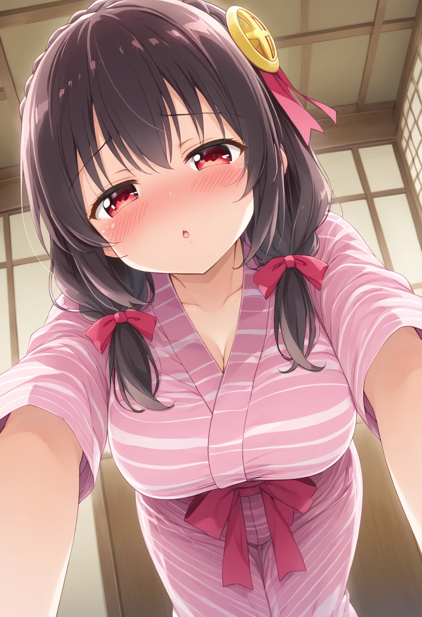 yunyun、masterpiece,Best Quality,  High Resolution ,One person, Yunyun、 crown braid the same color as my hair, Black Hair、Red eyes、 hair accessories , Hair Ribbon, Pink Yukata, (四つん這い:1.4)、(She has big breasts)、( Close Your Eyes :1.2)、(blush:1.3)、indoor、♥、heart、(Close your eyes and kiss the viewer)、(四つん這い:1.6)、(Leaning forward)、View the viewer、View from below