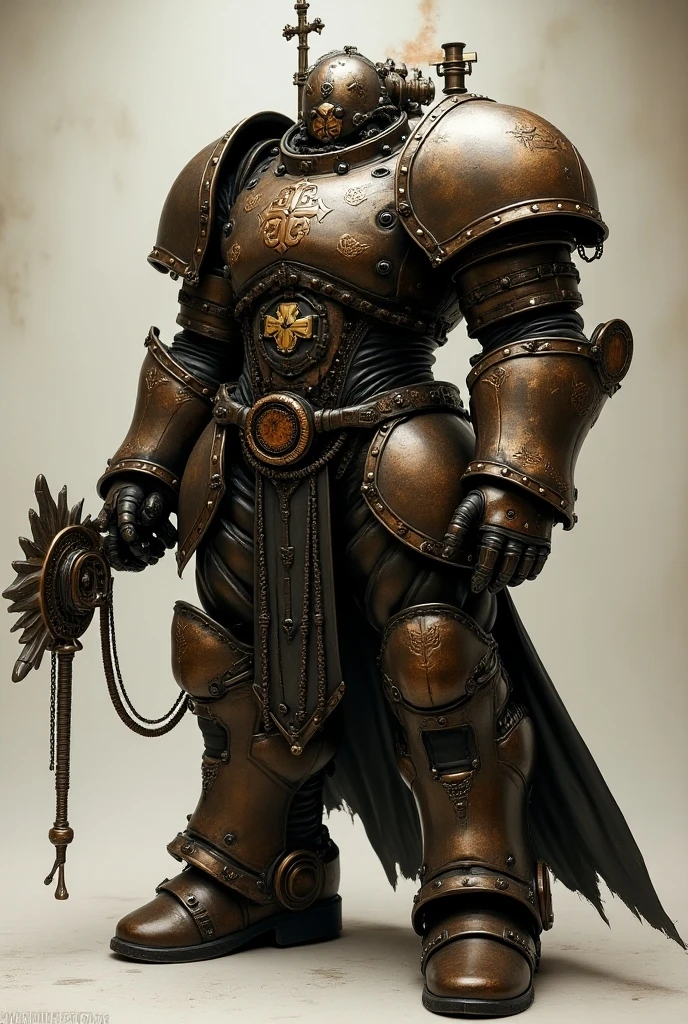  make an image based on this description Description of the Armor
General Design :
 The armor combines robust Power Armor elements from the Fallout universe and the Gothic features of the Black Templars from Warhammer 40k,  all in a steampunk style .
 Structure and Material :
 The armor is made of heavy metal plates ,  shaped claws with an aged bronze finish and polished copper details .  Exposed steam tubes run through the arms and legs ,  with small visible gear mechanisms ,  providing an industrial look .
Head and Helmet:
 The helmet has an imposing design ,  with a visor-like face ,  adorned with insole Templar cuffs and leather details .  The chin is reinforced ,  and there is a vent in the back that emits steam .  A cross-shaped halo of light shines on the front .
pectoral:
 The chest is wide and sturdy ,  with a Gothic cross carved in relief in the center .  Various energy sources ,  similar to plasma tubes ,  are incorporated , emitting a soft glow.  The shoulder pads are large and angular ,  with brass details and pivot points visible .
Arms and Gloves :
 The gloves are reinforced and have blades ,  inspired by the Templar claws .  The joints have exposed gears ,  and there are steam tubes that connect to small generators on the back .
legs:
 The legs are equally impressive ,  with ventilation grilles and overlapping armor plates .  The knees have a design similar to a temple ,  with sacred symbols carved .
Accessories:
 Adding a steampunk touch ,  the armor features a belt with mechanical tools ,  a hanging steam gun and a gothic-style shield that can be attached to the arm .
 This armor would be a powerful and aesthetic fusion ,  ideal for a universe where steam technology meets war and faith . If you need more details or adjustments, just let me know!