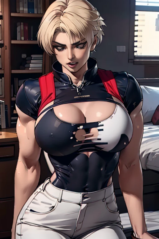 (  very detailed CG), (  best quality ), (  very detailed CG), (  best quality ), (Rock Howard), (Overall view), (men and women), SWAT Clothing, Beautiful and attractive young man,  toned muscles, Large breasts, A beautiful woman can touch my chest, Rock Howard驚く