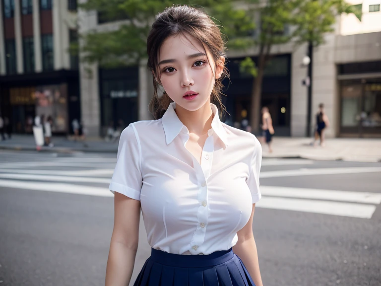 (Best quality, High resolution, Masterpiece :1.3), A tall and pretty woman, Slender abs, Dark brown hair styled in loose waves, Breasts, White button up shirt, Black pleated skirt, (Modern architecture in background), Details exquisitely rendered in the face and skin texture, Detailed eyes, Double eyelid
