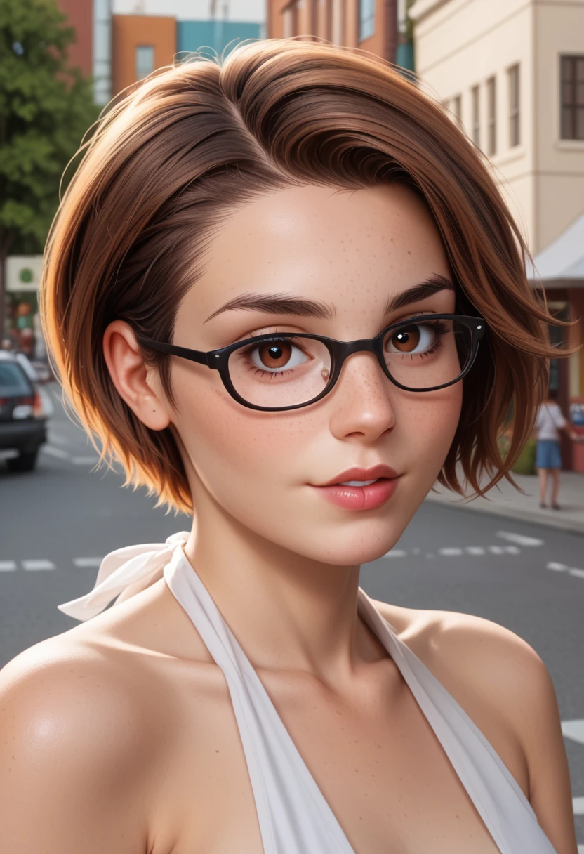 02:07:51 
(GeGe:1.9), (woman), (short dishevelled brown cut pixie hair), (brown eyes), (freckles:0.7), cartoon style:1.2), 39yo like a teenage tomboy woman in glasses, (sensual lips), close mouth, Cartoon image of a woman , sensual clothes , super cute girl, cartoon style illustration, cartoon art style, cartoon art style, digital illustration style, highly detailed character design, cute detailed digital art, City fan art, portrait character design, beautiful digital illustration, high-quality portrait, comic book art, character design portrait, natural soft realistic tiny junior breasts, sheer white halter top, no bra, sideboob