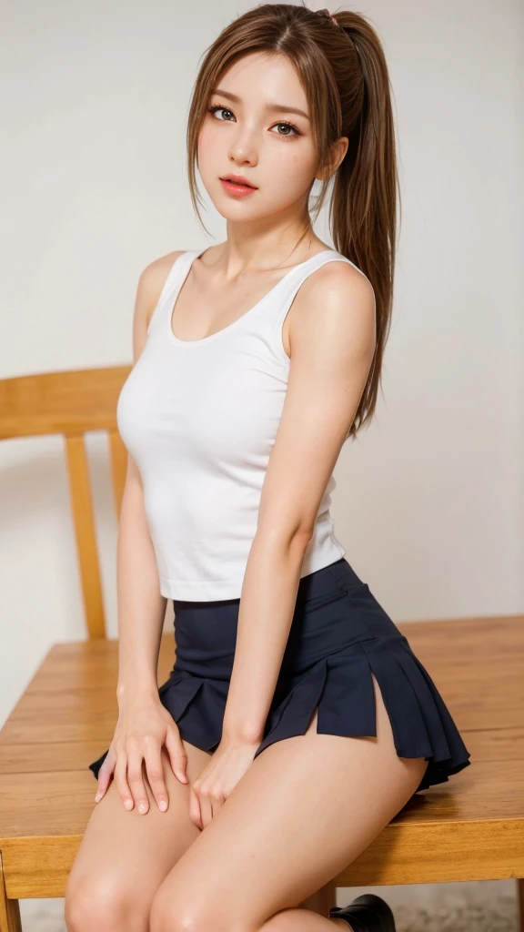 {Full body and front view picture of a beautiful girl, 18 years old, wearing only a very short miniskirt and black transparent stockings,
  camera_angle: {Full body, front view, focusing on legs and hips},
  outfit: {very short miniskirt, black transparent stockings, naked on top},
  physical_description: {Slim body, long straight black hair, large green eyes, thin arched eyebrows, small upturned nose, thin pink lips, very fair skin, sweet beautiful face with a warm smile},
  pose: {standing with one leg slightly bent, hands resting on hips},
  background: {Simple, neutral background to highlight the outfit}

