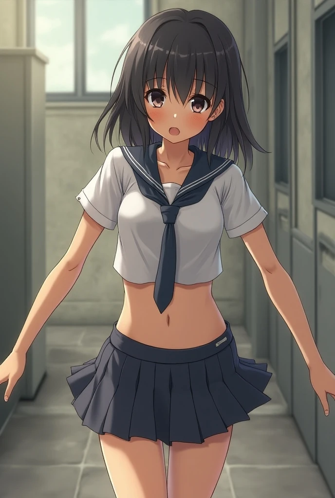 In underwear,Yukimi, ., Blunt bangs,Shortcuts,Black Hair,,Flat Chest, Expressionless, shy, whole body, Highest quality, School classroom、Angle from below、stand、White sports bra,(White panties:1.4)、Embarrassing,Put your hands behind your back