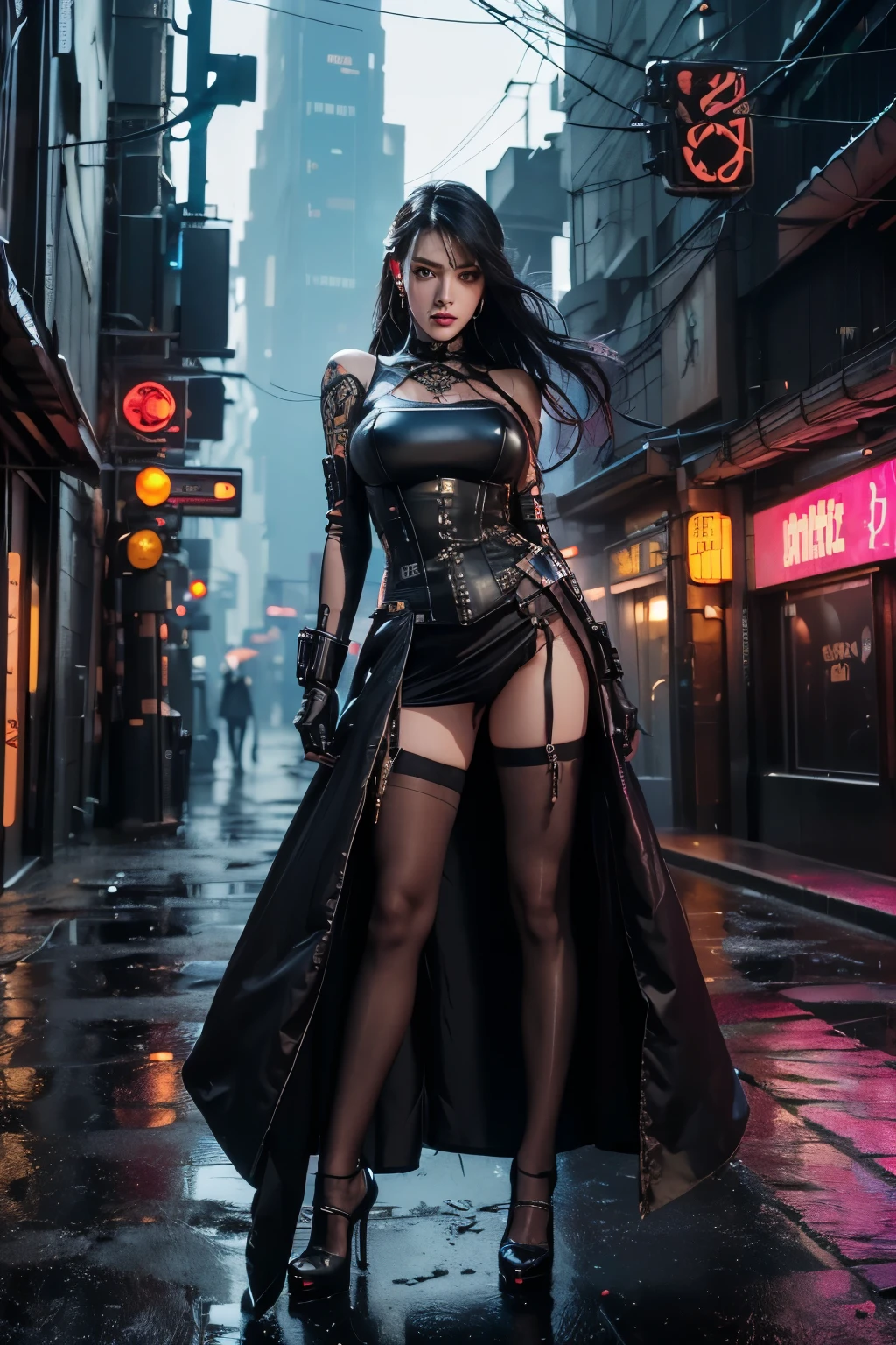 oriental, gothic woman, big boobs, pretty face, black hair, sexy expression, wet body, dacing in the rain nude, shaved pubes, full body