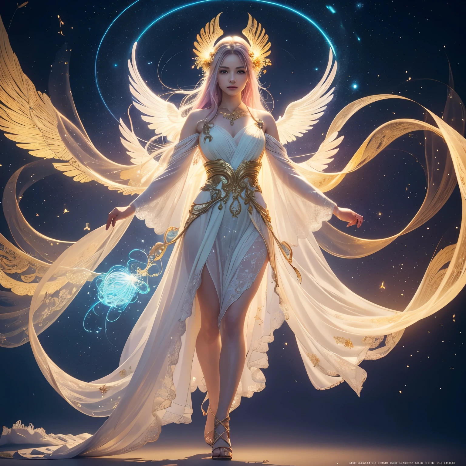 (best quality,4k,8k,Altas,master part:1.2),ultra-detalhado,(Realistic,fotorrealista,photo-realistic:1.37),Silver Amazon jumps into the air to unleash its attack, usa uma armadura de prata, longos cabelos azuis claros fluindo no ar, Gleaming cosmos coming out of hands, Noite, starly sky, estrelas brilhantes iluminando a cena, magical aura, Soft sparkles emanating from the Amazon, dynamic pose, salto no ar, conveying a sense of power and determination, cores vibrantes, armadura toda prateada detalhada e intrincada, estilo realista, Emphasis on the Amazon and its action. caucasiana. Olhos bonitos e detalhados, nariz, and lips, adding a touch of delicacy to your appearance, lighting highlighting the central figure, projetando sombras suaves ao seu redor. Olhos grandes, being a lilac and a turquoise. A armadura protege o corpo, as in Knights of the Zodiac.
