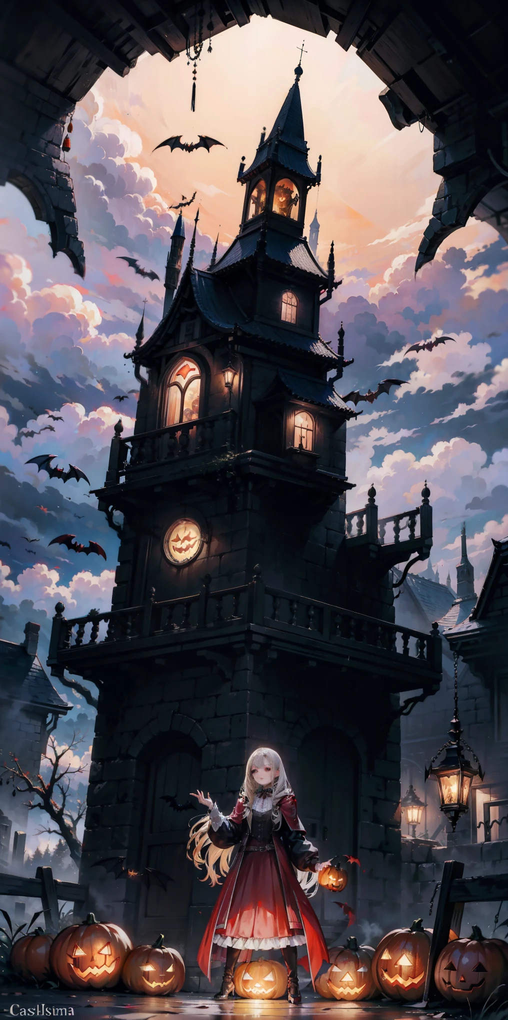 source_anime, R3TR0SC1F1, ((score_9)),score_8_up,score_7_up,score_6_up,score_5_up,score_4_up,Castlevania_Style, Castlevania Style, 1woman, vampire, halloween, pumpkins, fog, eerie, outdoors, smoke, clouds, 