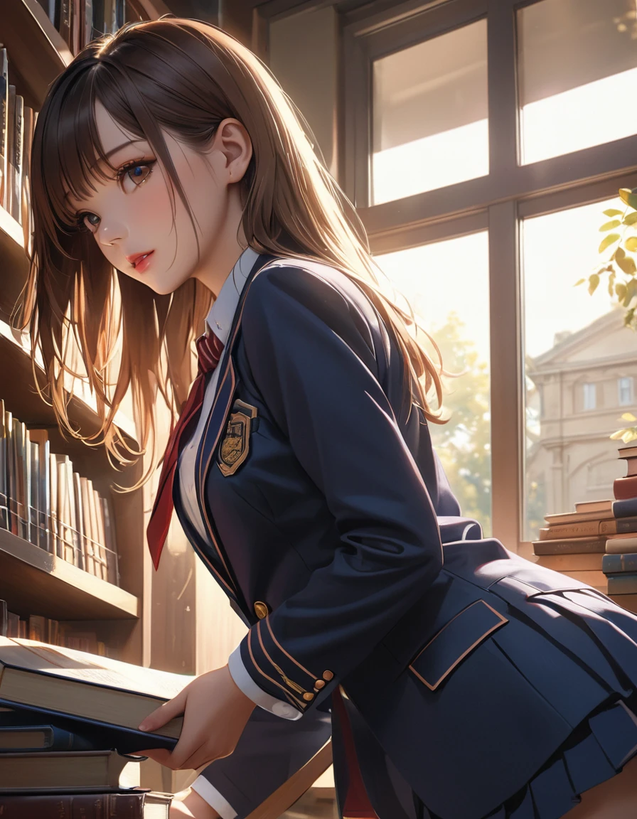 (Masterpiece: 1.3), (Maximum resolution: 1.2), (Ultra HDTV: 1.2), Cinema light, Ultra HDTV, (Detailed eyes and skin), (Detailed facial features), HDR, 8k resolution, Sharp Focus: 1.2, Perfect style, beautiful face, accurate, anatomically correct, highly detailed face and skin texture, detailed eyes, brown eyes, double eyelids, thin eyebrows, glitter eyeliner: 1.2, natural cheeks, glossy skin, fair skin: 1.2, shiny little necklace and earrings, (glossy lips: 1.4), BREAK, (first-person-view), (classy High school uniform: 1.2), (seductive face: 1.2), (18 years old, neat girl), (ponytail in high position, wavy hair, brown hair, bangs flowing diagonally), medium long hair, scene seen from above, ((Cowboy shot: 1.2)), (focus on face:1.2), ((Very intimate relationships: 1.2)), (medium large breasts), (((In the classroom: 1.2)), ((Sitting on the school chair with one's legs crossed:1.4)), (Staring at me)), (from the side:1.2)