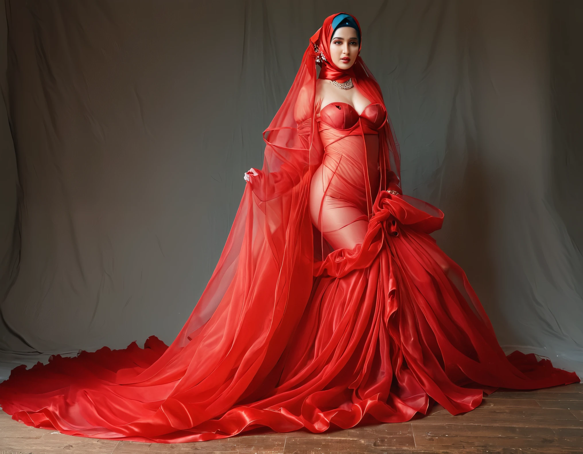 A woman shrouded in a 10-meter-long, plush red transparent organza cloth, slim body with big breast, tightly bound and grandly draping along the form of her body, flowing off into a pooled floor-length train, styled in a mermaid-inspired outfit, her head modestly veiled in a satin hijab, tall woman, strugle to move, standing in photo studio, a full-body pose conveying a sense of mysterious elegance, captured in a 4k resolution, ultra-realistic