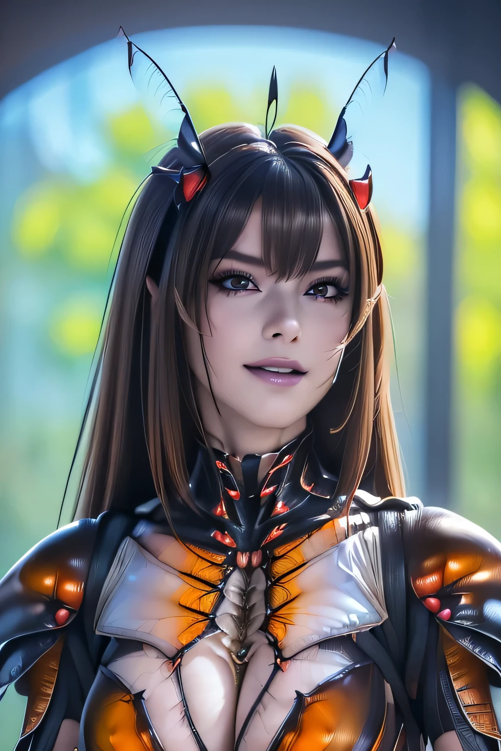 (high resolution,masterpiece,best quality,extremely detailed CG, anime, official art:1.4), realistic, photo, amazing fine details, all intricate, gloss and shiny,awesome many layers, 8k wall paper, 3d, sketch, kawaii, illustration,( solo:1.4), perfect female proportion,villainess, (fusion of dark brown cockroach and lady:1.4), (brown cockroach form lady:1.2), (brown cockroach lady:1.2), (fusion:1.2), (solo:1.4), (evil smile:1.2), muscular, abs, (cockroach brown exoskeleton bio insect suit:1.4), (cockroach brown exoskeleton bio insect armor:1.2), (brown transparency cockroach wing:1.4), (brown cockroach antennae:1.3),