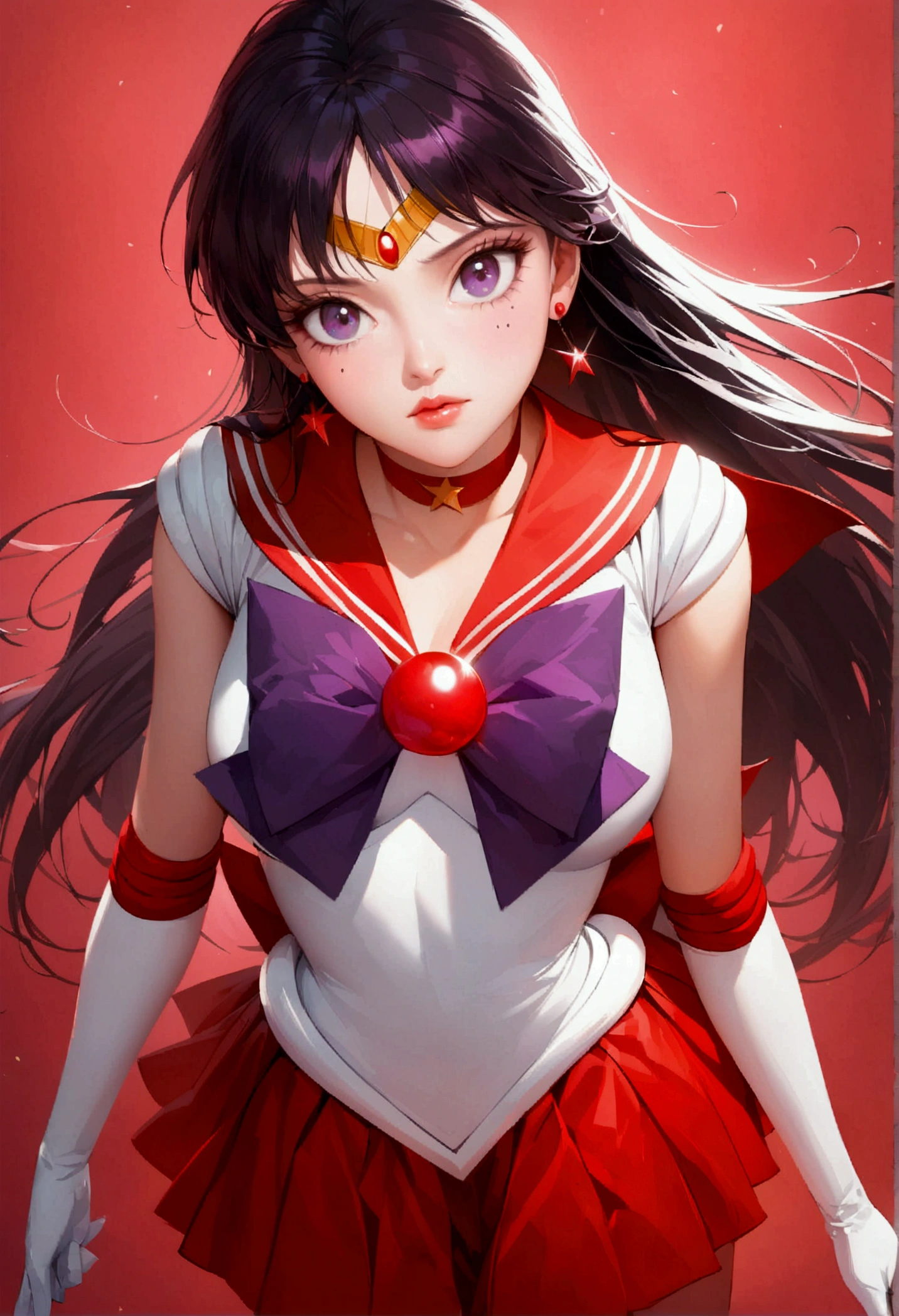  1 girl, Sailor Mars,  Bishoujo Senshi Sailor Moon ,  Elegant Fine Eyes ,  Detailed Facial Features,  long eyelashes,  Beautiful Detailed Lips , Graceful and Detailed Poses , Advanced Details, masterpiece, 4K, Surreal, Realistic, Cinema Lighting,  Dynamic Composition ,  complicated details, Vibrant colors,  Soft Dreamy Atmosphere,  Puella Magi Fantasy , Full Body Shot, Ahhh, Long Hair,  Black Hair , Tiara,  earrings,  red choker ,   Red Sailor Color  ,  purple bow tie ,  white shirt ,   Elbow Gloves, White gloves,  pleated skirt ,  red skirt , barefoot