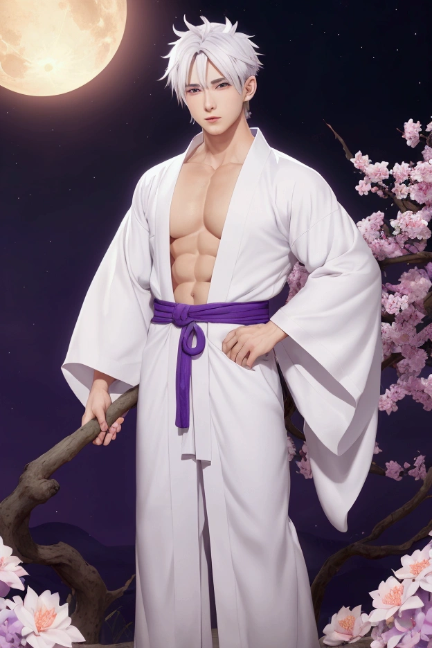 Muscular Male, buff, Toji Fushigoro, Fushigoro, Toji, Fushigoro Toji, powerful, shirtless, standing in a forest, clinging onto a tree, smiling, murderous intent, pure white eyes, no pupil, no pupils, buff, strong, long black pants, no shoes, sharp fingernails, long black hair with white highlights, purple fur coat, fashionable, long black hair, one man, chiseled body features, handsome, mighty