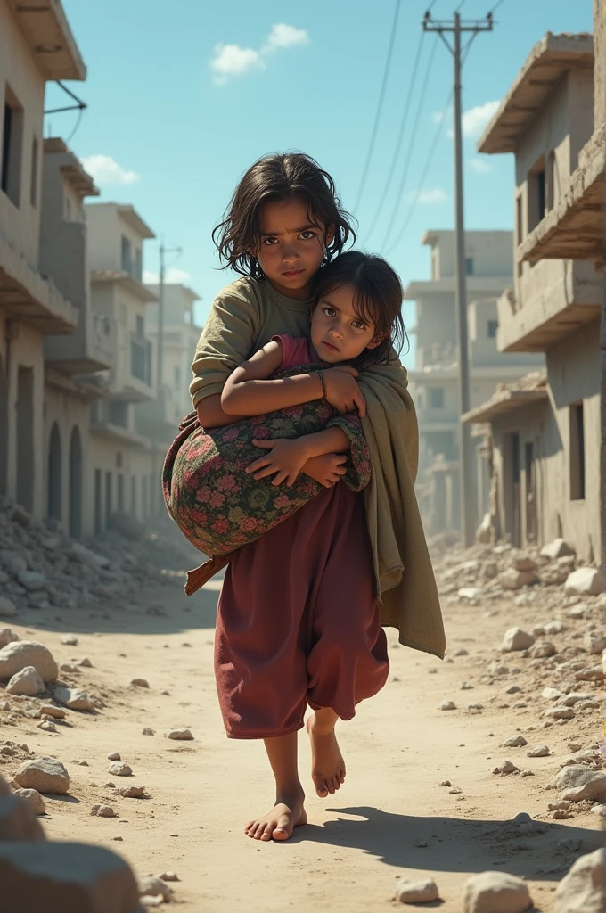cenas de guerra, Of desolate children in the midst of a war scene, refletindo o terror da guerra com locais bombardeados, paisagem escura e desolada