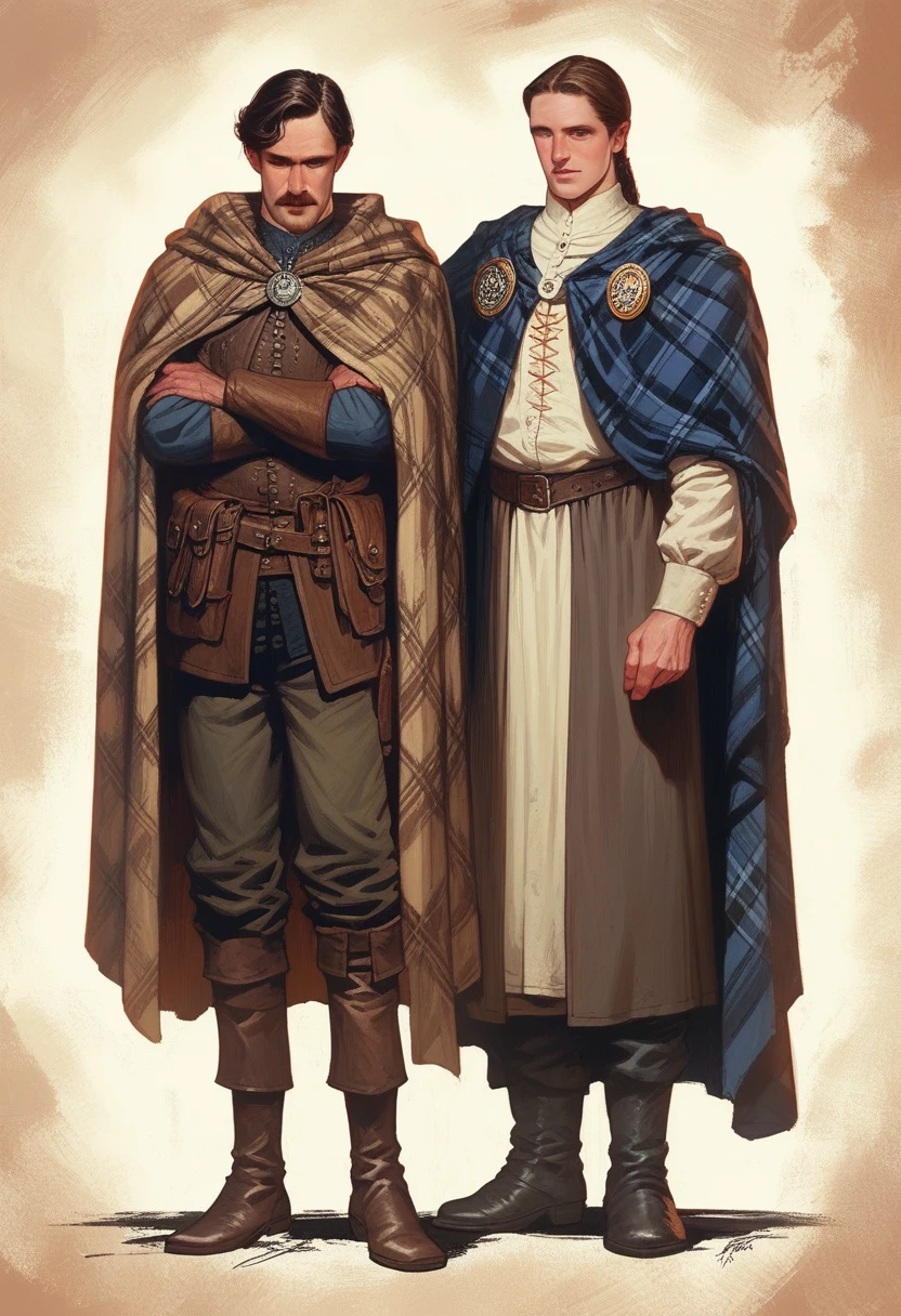 2d illustration, Dnd character, Halfling Bard, anti authority attitude, reddish slicked back hair, look with the stubble and the( plaid cape), medieval clothes, boots, detailed, UHD, masterpiece, neutral background, full-body, HD Anime, Frank Frazetta, François Boucher, Dean Cornwell, William Powell Frith, Louis Icart, Valentin Serov, Coby Whitmore, Viktor Vasnetsov, Alois Arnegger