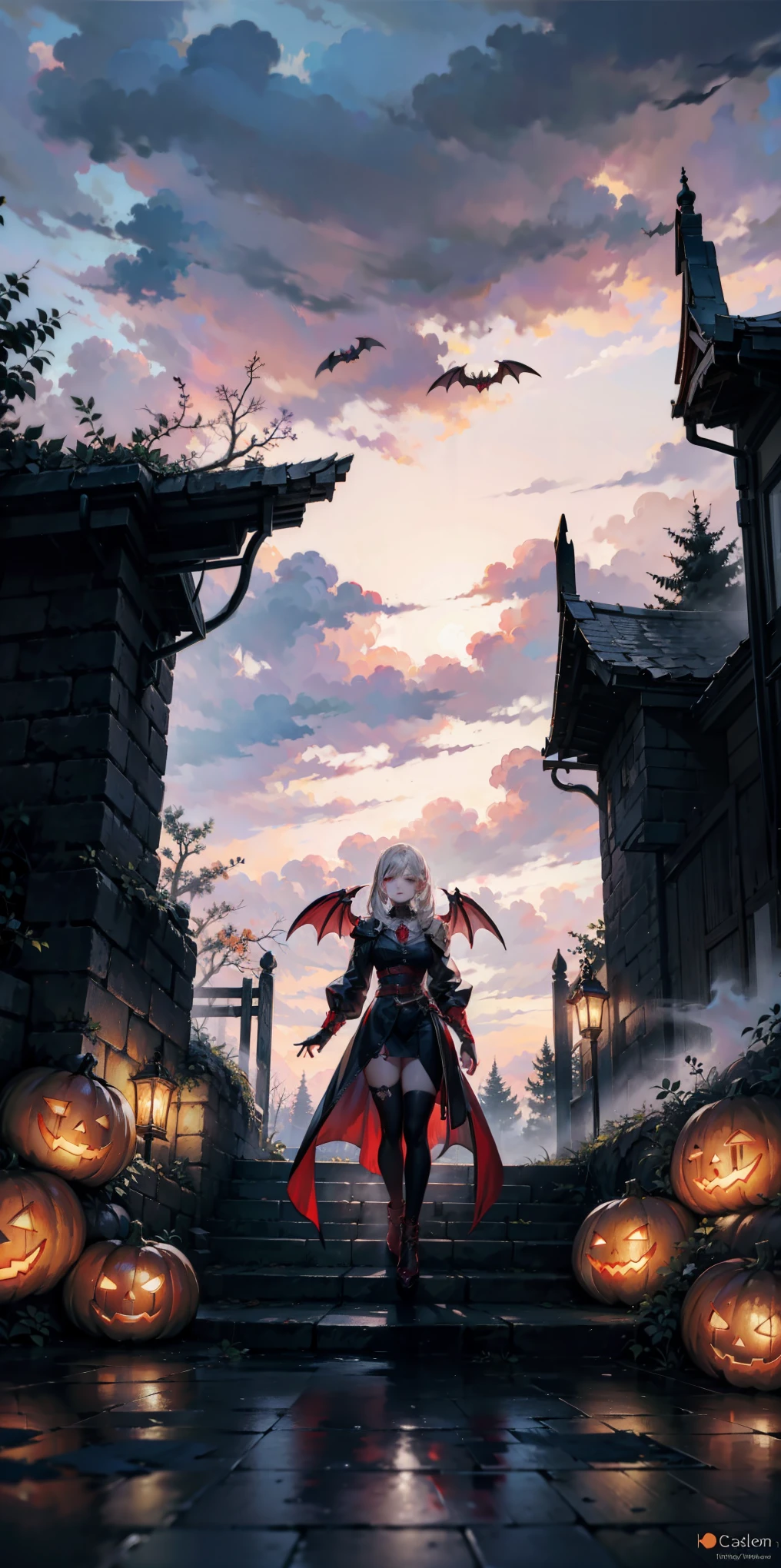 source_anime, R3TR0SC1F1, ((score_9)),score_8_up,score_7_up,score_6_up,score_5_up,score_4_up,Castlevania_Style, Castlevania Style, 1woman, vampire, halloween, pumpkins, fog, eerie, outdoors, smoke, clouds,