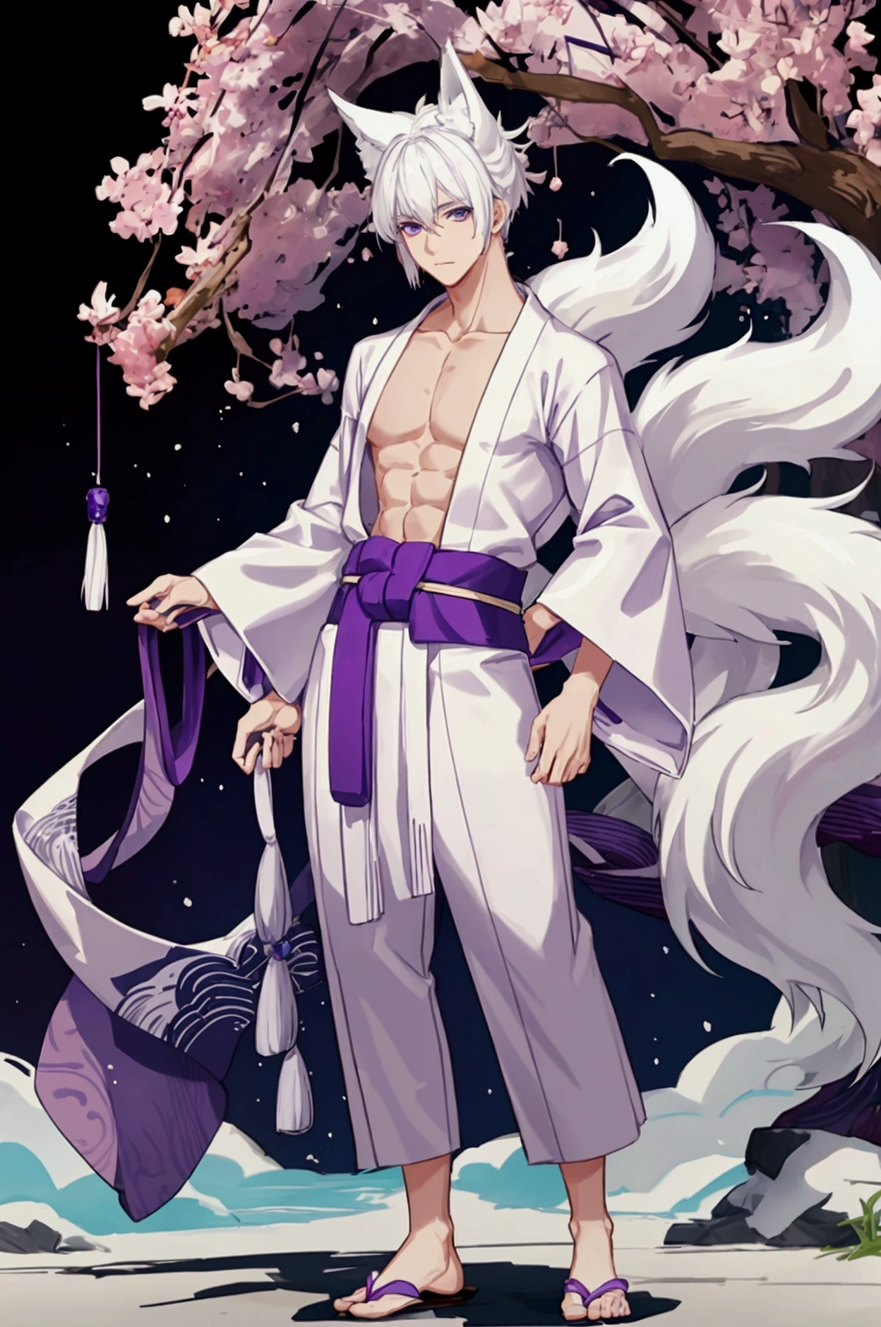  a white-haired boy with purple eyes,  ears and 9 fox tails , Tall shape , and muscular , With a white yukata
