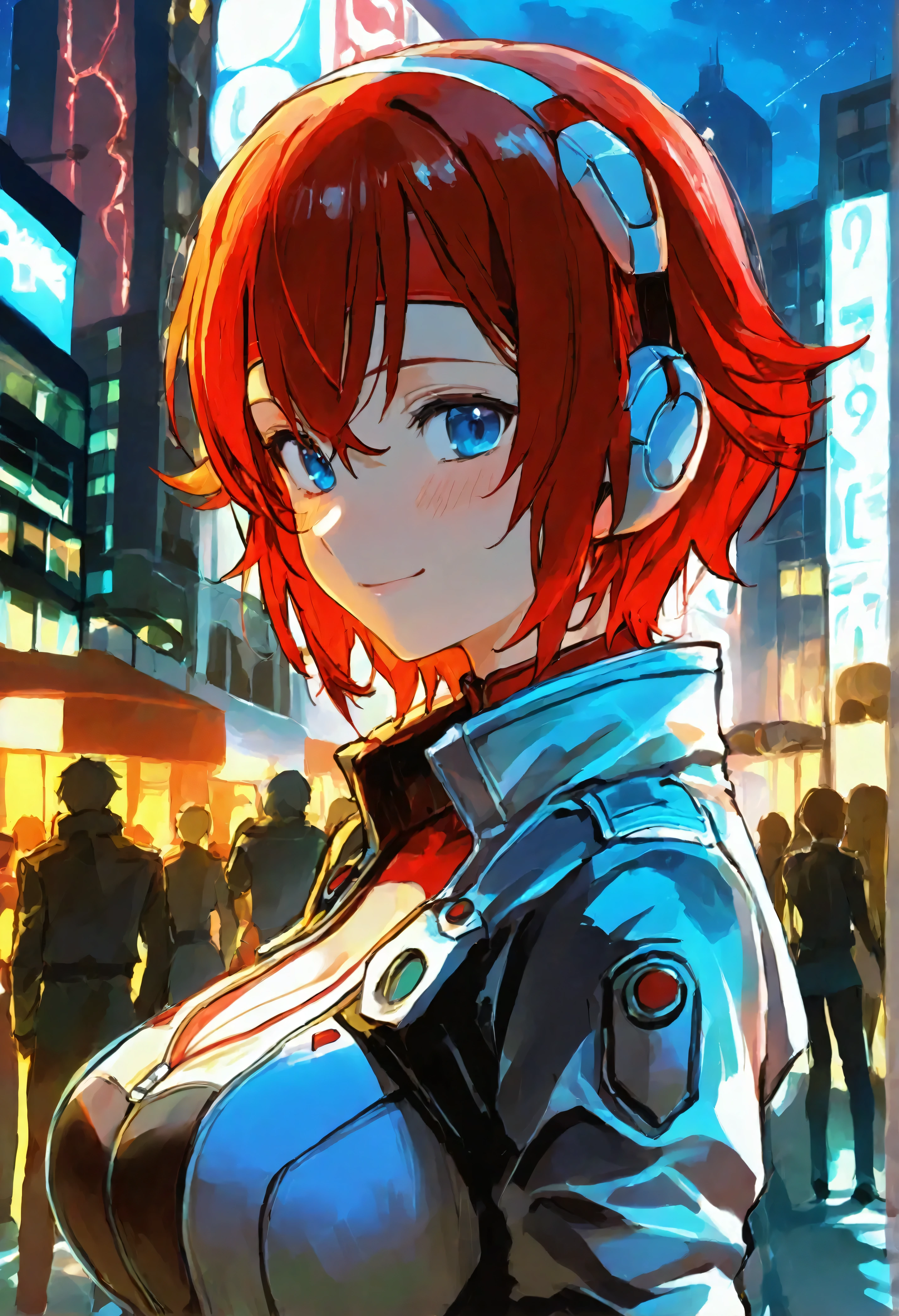 score_9, score_8_up, score_7_up, score_6_up, source_anime, 1girl, solo,  kouklln, red hair, flipped hair, short hair, blue eyes, red headband, red bodysuit, silver jacket, cropped jacket, pilot suit, large breasts, cleavage, looking at you, smile, night, city, looking at you, blush, upper body