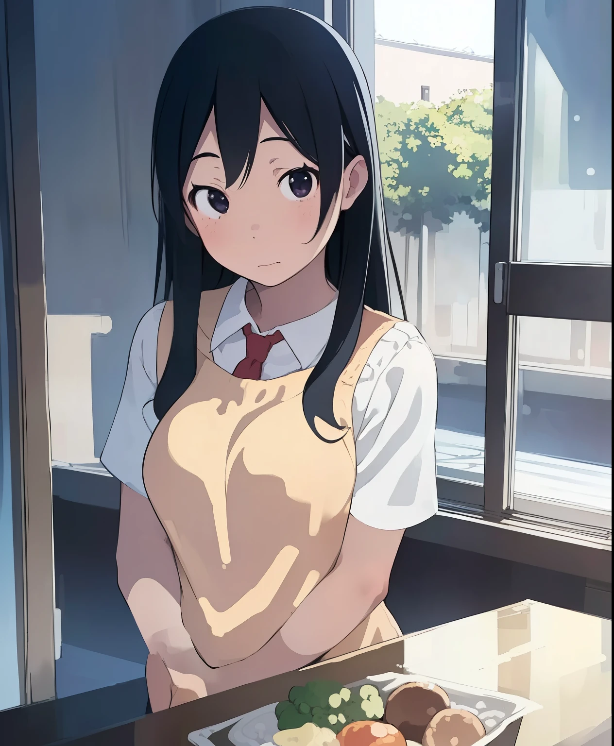 (masterpiece、Best Quality、Best Quality、Official Art、Beautiful and beautiful:1.2)、(One person:1.3),Black Hair,Chairman,kitchen、Cooking,Beautiful breasts,Cute Apron、Adorable young girl , Delicate animated illustration , WATCH VIEWERS , Soft and smooth lighting, soft pastel colors, 120mm lens