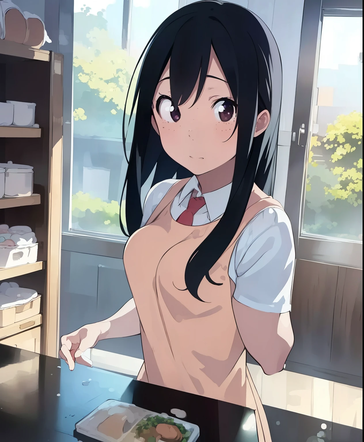 (masterpiece、Best Quality、Best Quality、Official Art、Beautiful and beautiful:1.2)、(One person:1.3),Black Hair,Chairman,kitchen、Cooking,Beautiful breasts,Cute Apron、Adorable young girl , Delicate animated illustration , WATCH VIEWERS , Soft and smooth lighting, soft pastel colors, 120mm lens