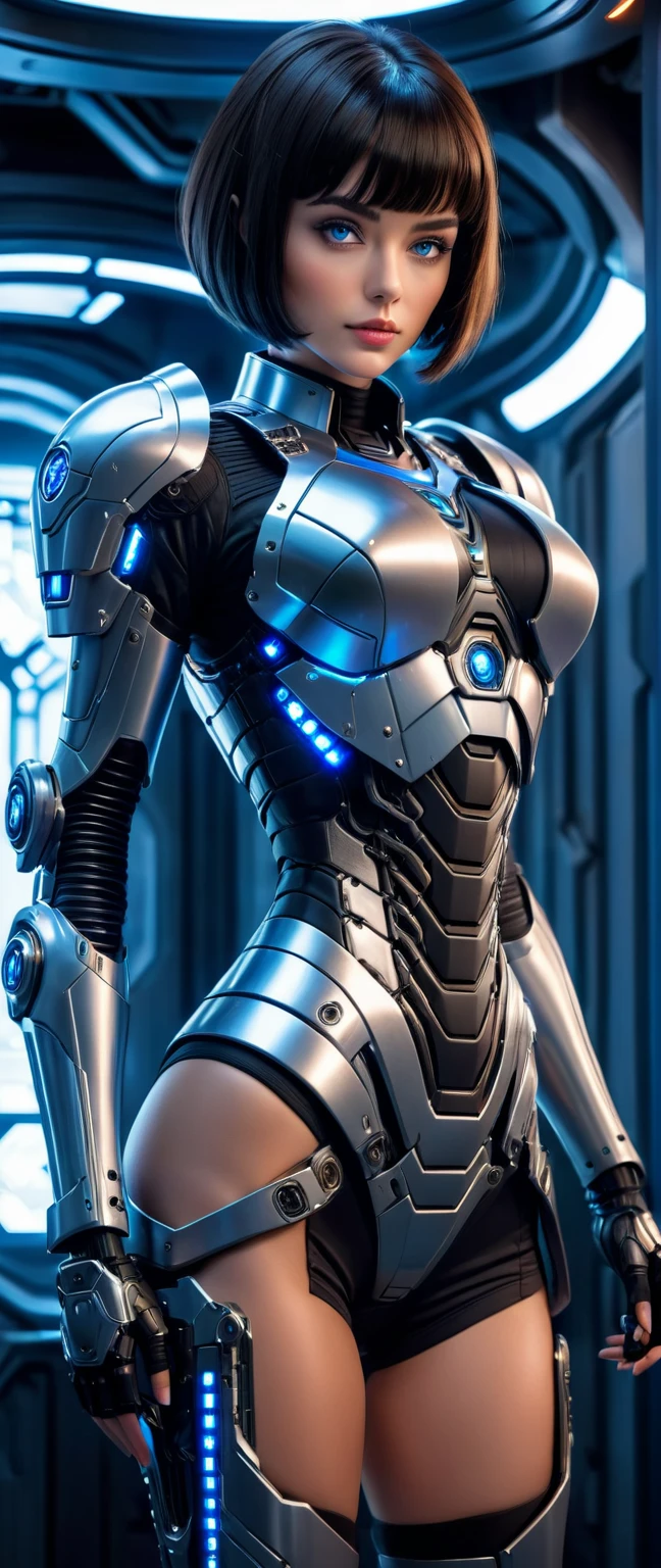 ( best quality , 4K, 8k,     High Resolution    , masterpiece: 1.2), (     very detailed , Realistic, Realistic:1.37),    a woman in a futuristic costume   ,      exoskeleton cyber armor with bangs ,    Women in Bodycon Armor         、((      She Has a Plasma Gun in Her Hand      )), Full body images, Maximum details,     High quality , 8k,Chest,  blue eyes ,     High Resolution    , 超    High Resolution    ,  best quality ,  ((( bob cut short hair ))),Bob Hair, Big Chest,      Cinematic Lighting Effects      ,   beautiful dark-haired woman,  blue eyes ,   Women in Cyber Style   , ((Advanced spacecraft interior)), High quality images,