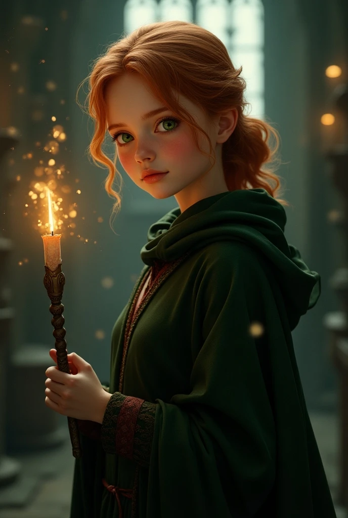A 15 year old with straight brown hair that is half red, clear blue eyes, white and human skin, with black clothes with gold details, with a wand in his hand painting style