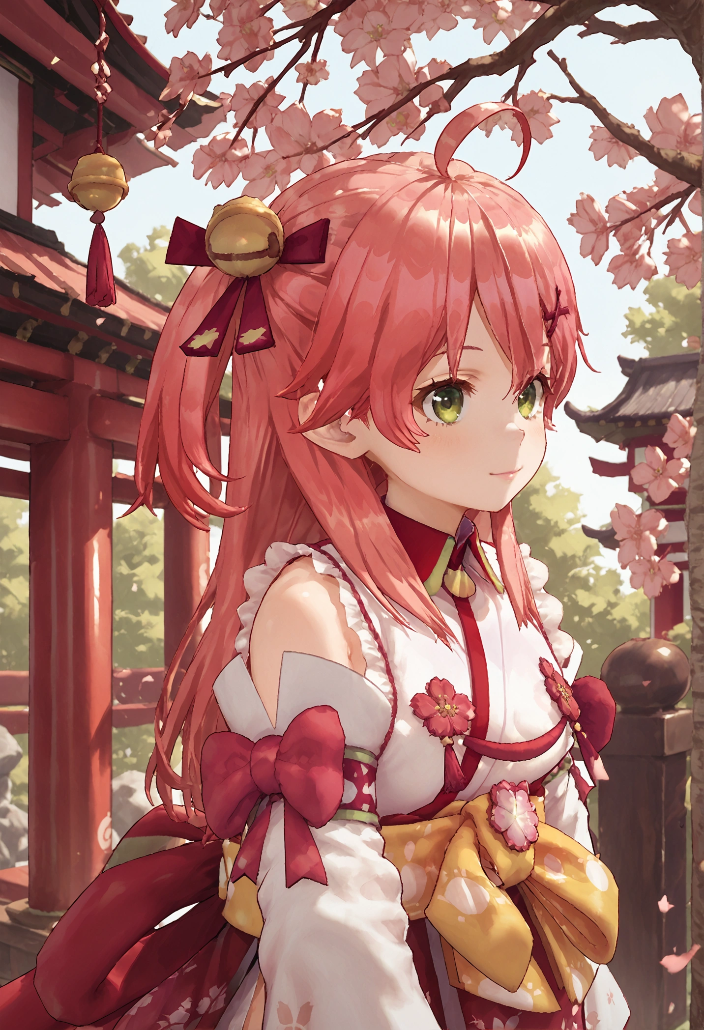 score_9, score_8_up, score_7_up, Miko_nml,pink hair,ahoge,green eyes,hair bell,hair ornament,x hair ornament, hair bell,long hair, one side up,floral print,detached sleeves,paw print,paw print pattern,cherry blossom print,shrine