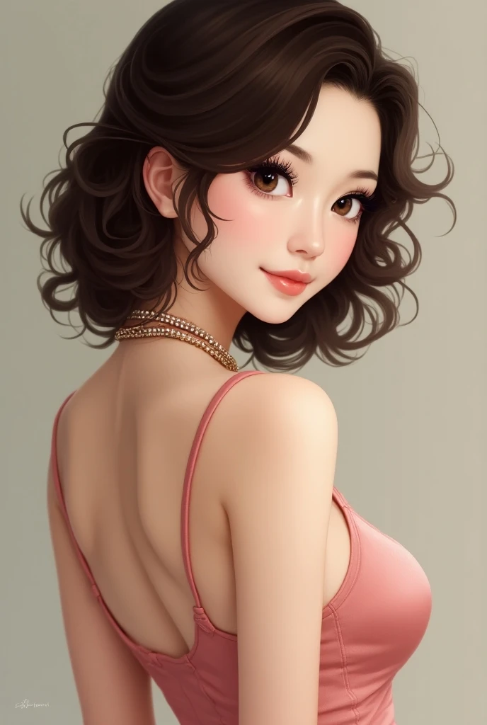 
( super realistic), (shape), ( High Resolution ), (8k), ( very detailed ), (Best shape), (Big beautiful double eyelids), (Best Quality), ( very detailed な), (masterpiece), (wallpaper), (Detailed face), Square with a fountain、Long curly hair、Underarm, thick, Brown Hair、Inner Color,Alone,necklace、Pink dress、Japanese, Long upper and lower eyelashes、 cleavage,(Big H Cup), Perfect round breasts、Big Breasts( Camel Toe ) ( very slim and muscular body:1.3),smile、Looking back、Realistic Japanese