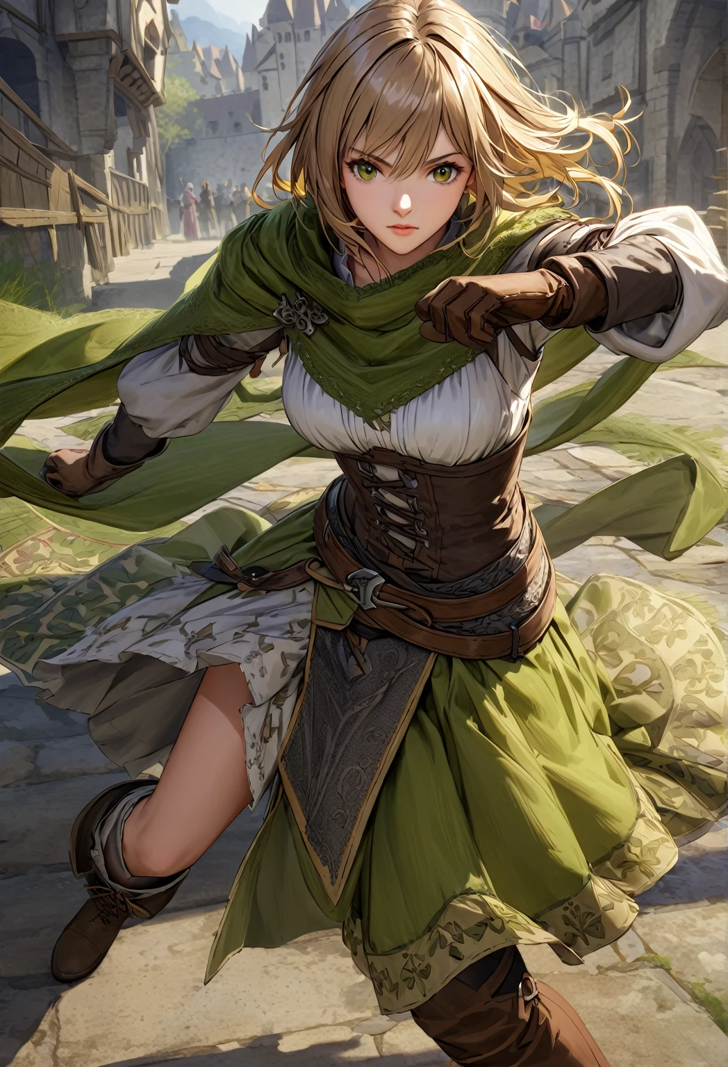 Huntress girl light brown hair, wearing an olive green asymmetrical medieval-style skirt, brown knee-high boots, and a white blouse has a short olive-green shawl with intricate details in the fabric. brown gloves and a bow, ready for battle. clothing and boots have detailed textures for high-definition representation.