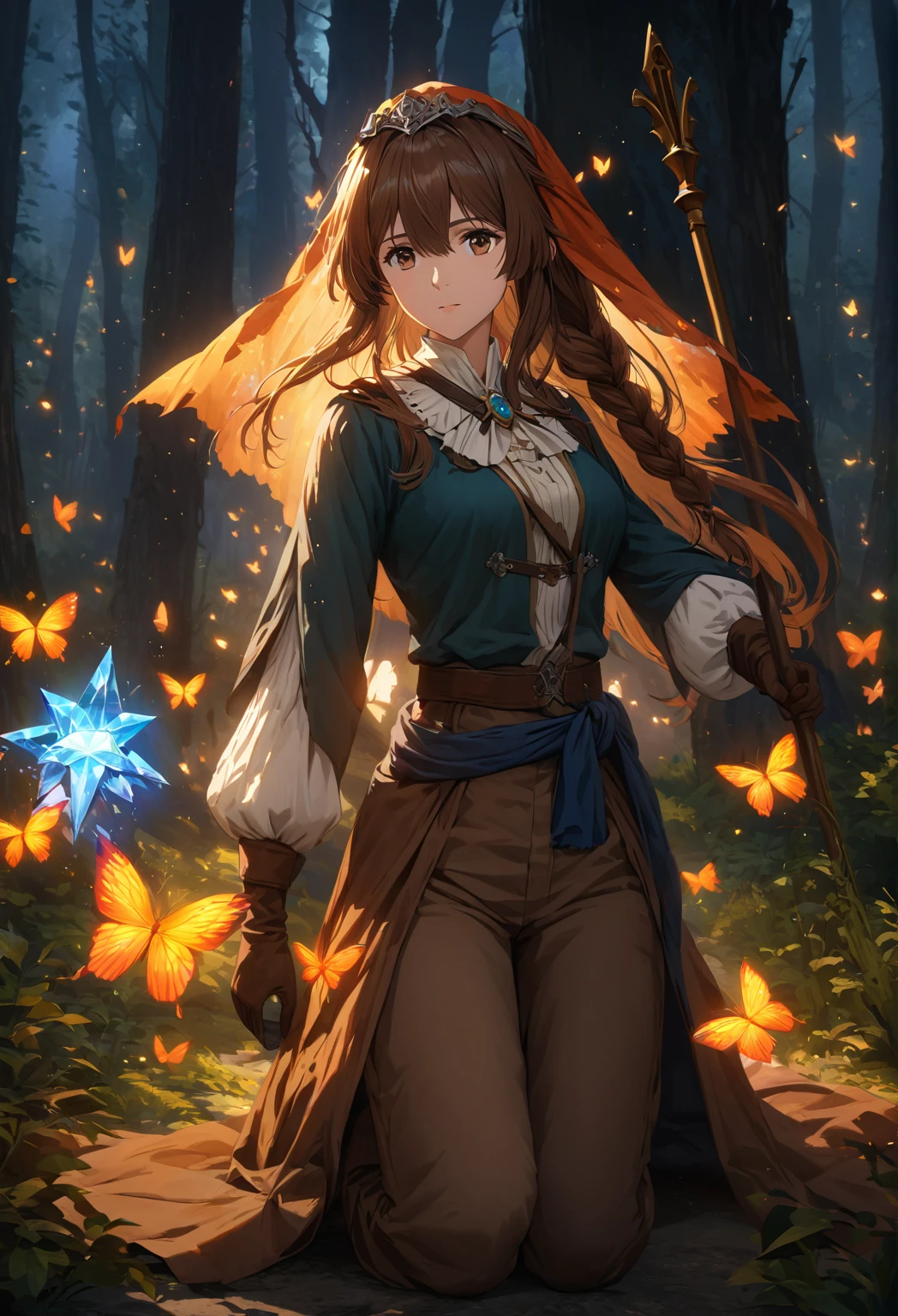 A stunning HD (High Definition) illustration of a brown-haired mage anime girl with long hair, with a braid on one side. She has brown eyes and wears a blue mage's veil on her head. She is dressed in a long-sleeve white medieval-style shirt, brown pants, and tall brown boots. She holds a mage's staff with a crystal at the tip, wearing brown gloves, and has a crossbody bag slung across her waist. The mage girl is kneeling in a dark forest at night, surrounded by ethereal, glowing red spiritual creatures shaped like butterflies, but translucent and ghostly. The atmosphere is mystical and the lighting is low, with the faint red glow of the creatures providing the only source of light. The forest background is detailed with shadows and faint moonlight. The girl’s expression is serious, and her medieval attire is finely detailed. The image should be in anime art style similar to Violet Evergarden, with smooth, polished visuals, highly detailed clothing, and well-proportioned features. The entire scene is in HD, with vibrant colors and realistic textures, creating a cinematic feel.