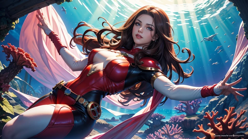 High-quality realistic acrylic art, VIVID COLORS, a beautiful european woman with brown hair, red lips, looking at the viewer with suspicious face, shy smile,red lips, action pose, she wears sci-fi pink glossy white plastic armor over sheer black bodystocking, , tactical military belt, facing a large glass hatch through which you can see the seabed with a large and colorful coral formation illuminated by sun rays